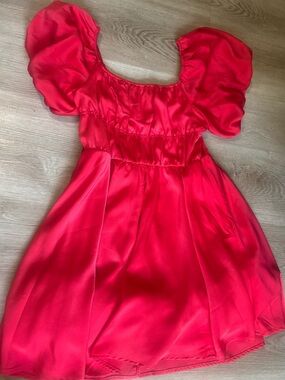 Francesca’s Romantic Red Mini Satin Dress with Puff Sleeve and tie waist